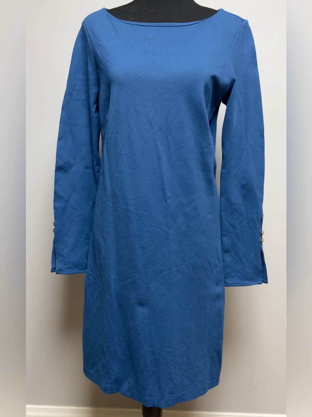 Ann Taylor Blue Ponte Boatneck Shift Dress Long Sleeve Gold Button Cuff M